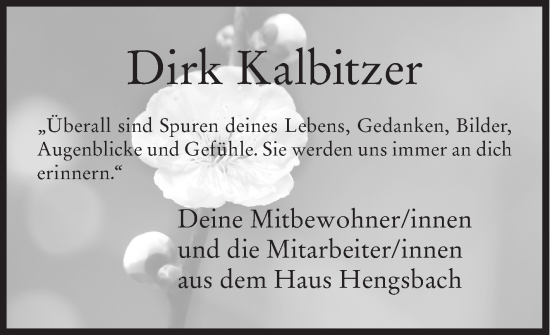 Traueranzeige von Dirk Kalbitzer von Siegener Zeitung