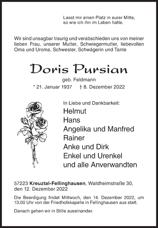Traueranzeige von Doris Pursian von Siegener Zeitung