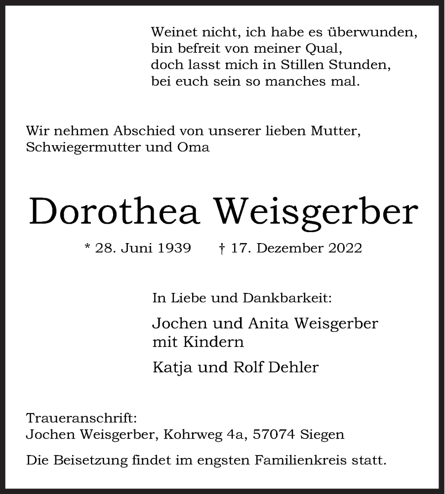  Traueranzeige für Dorothea Weisgerber vom 31.12.2022 aus Siegener Zeitung