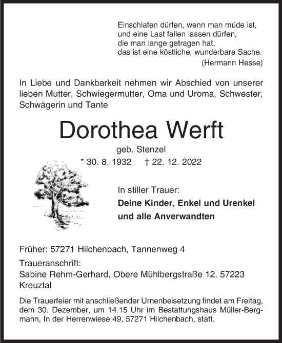 Traueranzeige von Dorothea Werft von Siegener Zeitung
