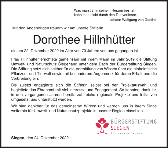 Traueranzeige von Dorothee Hillnhütter von Siegener Zeitung