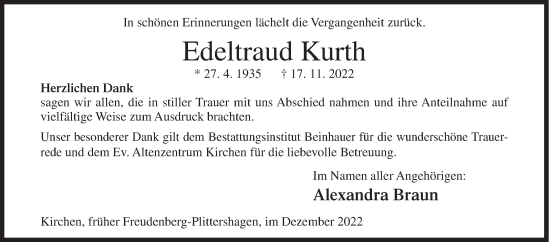 Traueranzeige von Edeltraud Kurth von Siegener Zeitung