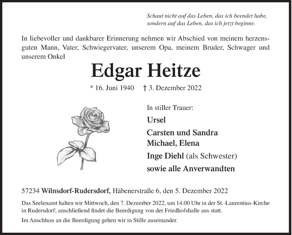  Traueranzeige für Edgar Heitze vom 05.12.2022 aus Siegener Zeitung