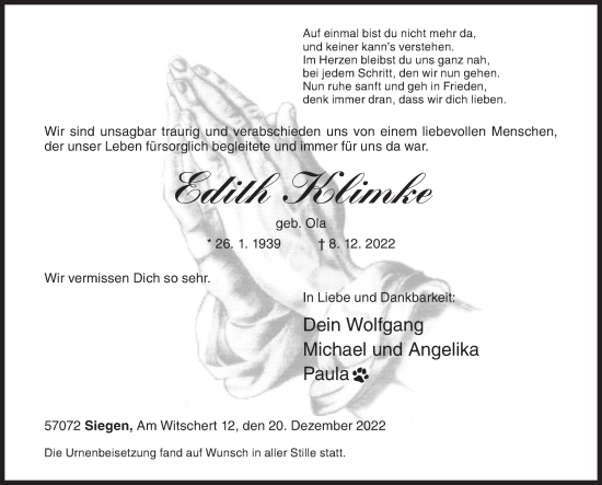 Traueranzeige von Edith Klimke von Siegener Zeitung
