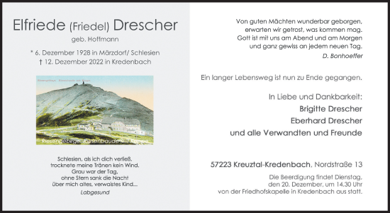 Traueranzeige von Elfriede Drescher von Siegener Zeitung