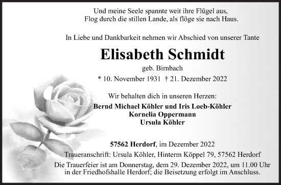 Traueranzeige von Elisabeth Schmidt von Siegener Zeitung