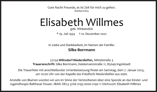 Traueranzeige von Elisabeth Willmes von Siegener Zeitung