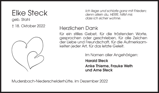 Traueranzeige von Elke Steck von Siegener Zeitung