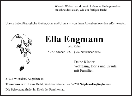 Traueranzeige von Ella Engmann von Siegener Zeitung