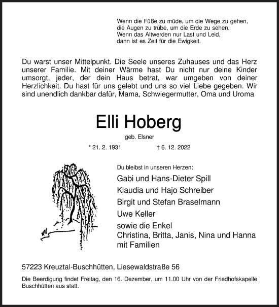 Traueranzeige von Elli Hoberg von Siegener Zeitung