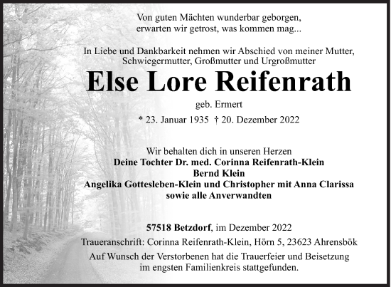 Traueranzeige von Else Lore Reifenrath von Siegener Zeitung
