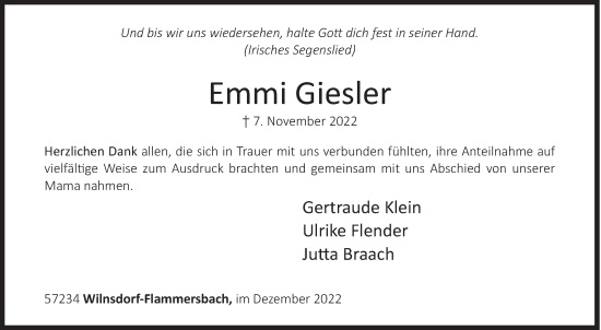 Traueranzeige von Emmi Giesler von Siegener Zeitung