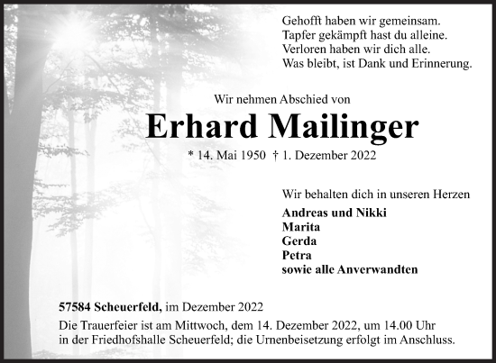 Traueranzeige von Erhard Mailinger von Siegener Zeitung