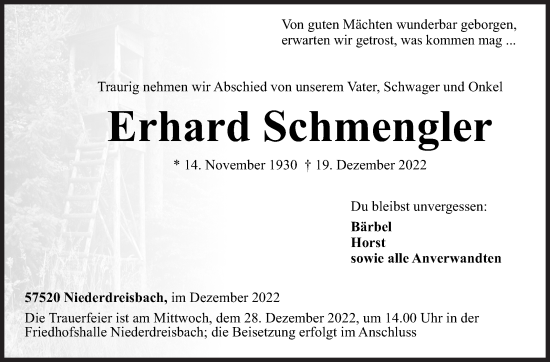Traueranzeige von Erhard Schmengler von Siegener Zeitung