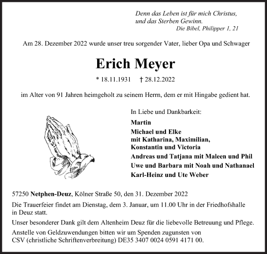 Traueranzeige von Erich Meyer von Siegener Zeitung