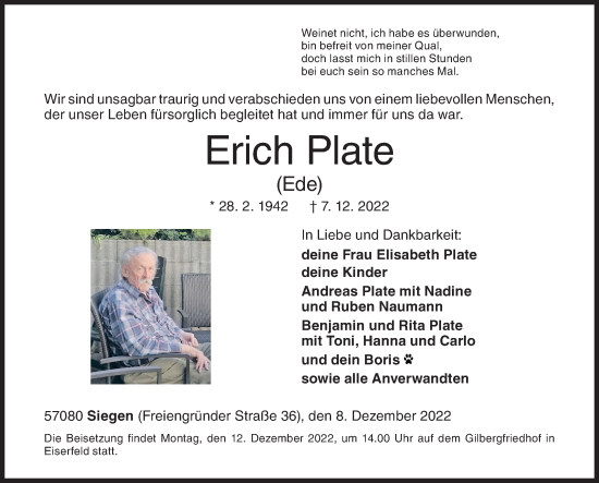 Traueranzeige von Erich Plate von Siegener Zeitung
