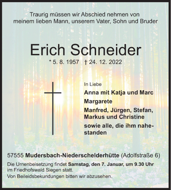Traueranzeige von Erich Schneider von Siegener Zeitung