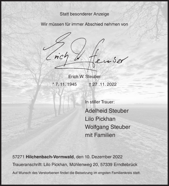 Traueranzeige von Erich W. Steuber von Siegener Zeitung