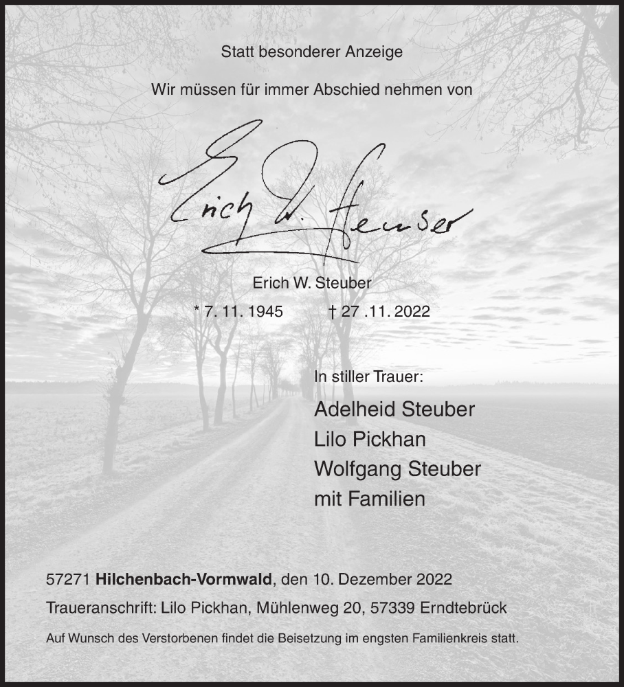 Traueranzeige für Erich W. Steuber vom 10.12.2022 aus Siegener Zeitung