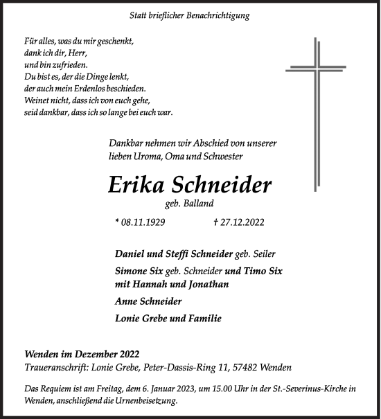 Traueranzeige von Erika Schneider von Siegener Zeitung