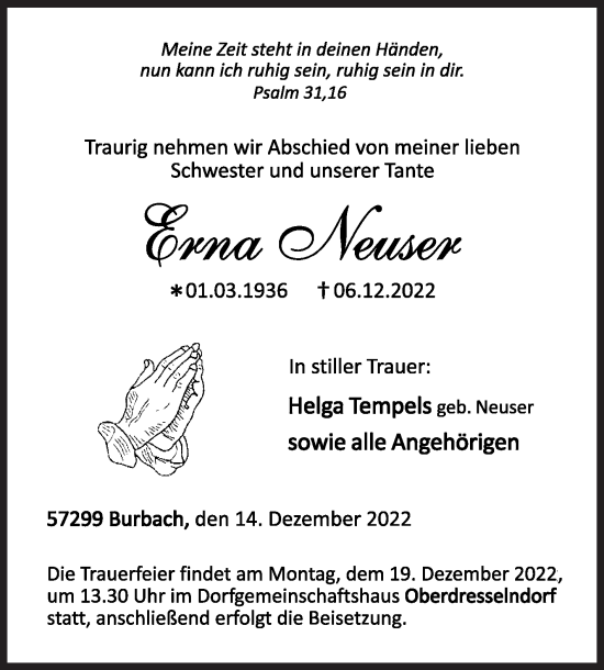 Traueranzeige von Erna Neuser von Siegener Zeitung