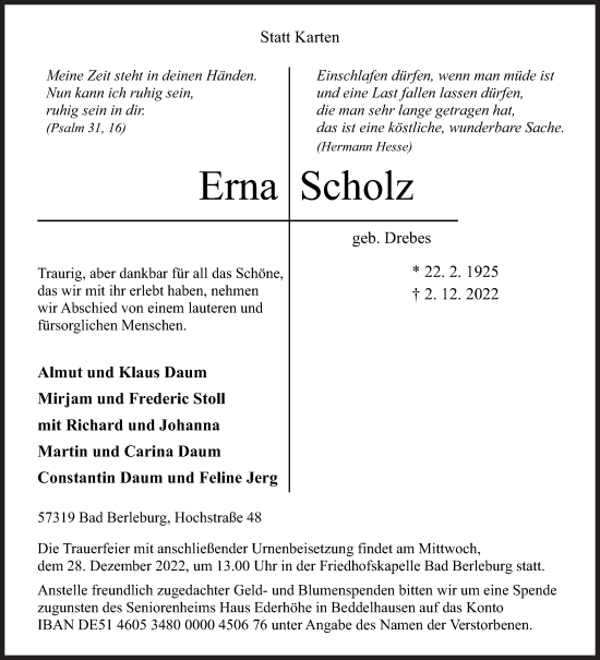 Traueranzeige von Erna Scholz von Siegener Zeitung