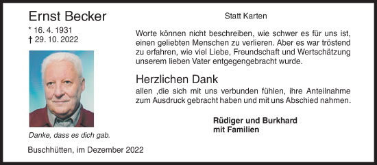 Traueranzeige von Ernst Becker von Siegener Zeitung