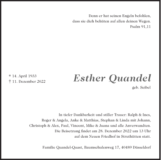 Traueranzeige von Esther Quandel von Siegener Zeitung