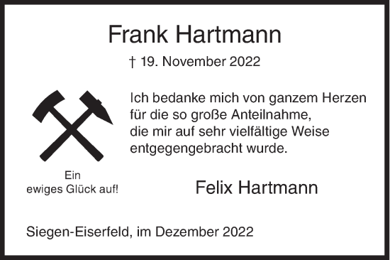 Traueranzeige von Frank Hartmann von Siegener Zeitung