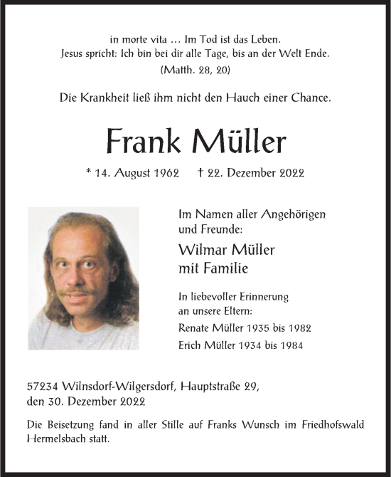 Traueranzeige von Frank Müller von Siegener Zeitung