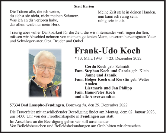Traueranzeige von Frank-Udo Koch von Siegener Zeitung