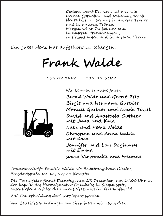 Traueranzeige von Frank Walde von Siegener Zeitung