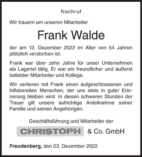 Traueranzeige von Frank Walde von Siegener Zeitung