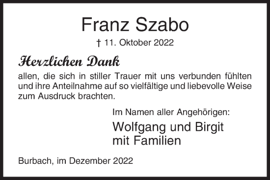 Traueranzeige von Franz Szabo von Siegener Zeitung