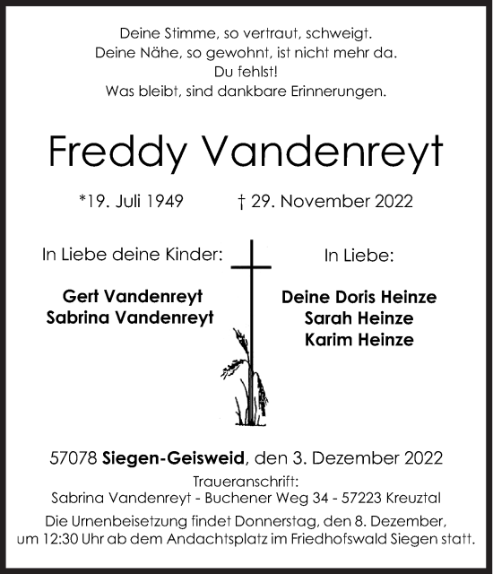 Traueranzeige von Freddy Vandenreyt von Siegener Zeitung