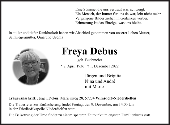Traueranzeige von Freya Debus von Siegener Zeitung