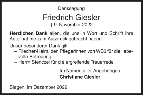 Traueranzeige von Friedrich Giesler von Siegener Zeitung