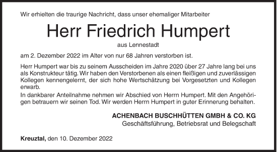 Traueranzeige von Friedrich Humpert von Siegener Zeitung