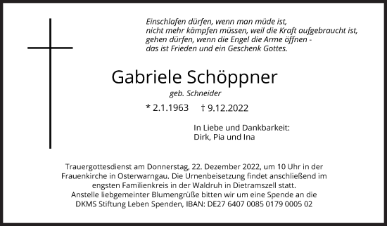 Traueranzeige von Gabriele Schöppner von Siegener Zeitung