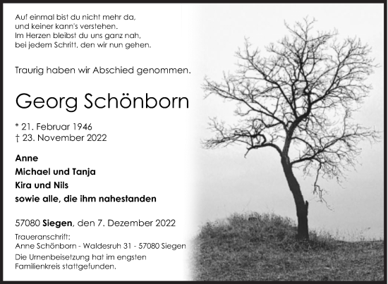 Traueranzeige von Georg Schönborn von Siegener Zeitung