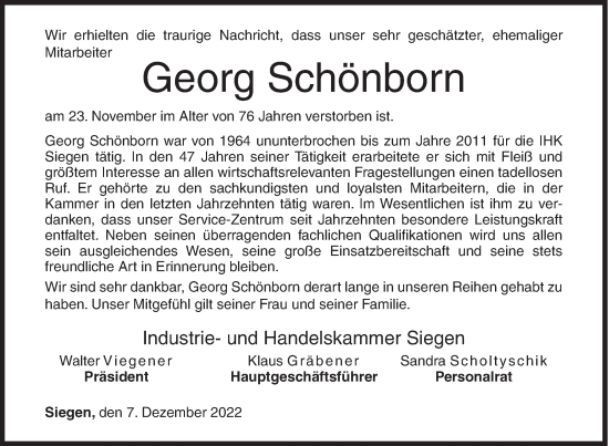Traueranzeige von Georg Schönborn von Siegener Zeitung