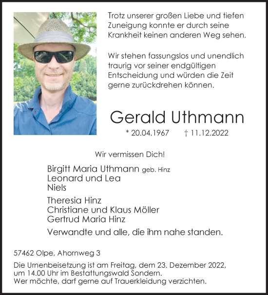 Traueranzeige von Gerald Uthmann von Siegener Zeitung