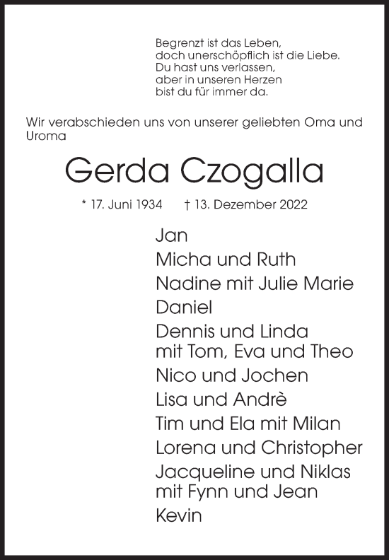 Traueranzeige von Gerda Czogalla von Siegener Zeitung