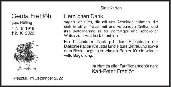 Traueranzeige von Gerda Frettlöh von Siegener Zeitung