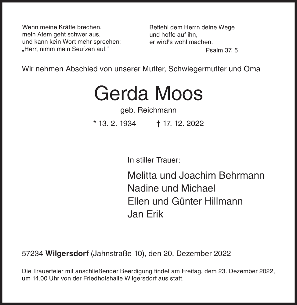  Traueranzeige für Gerda Moos vom 20.12.2022 aus Siegener Zeitung