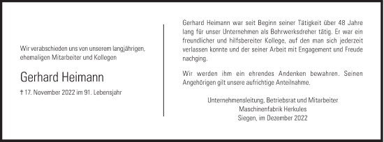 Traueranzeige von Gerhard Heimann von Siegener Zeitung