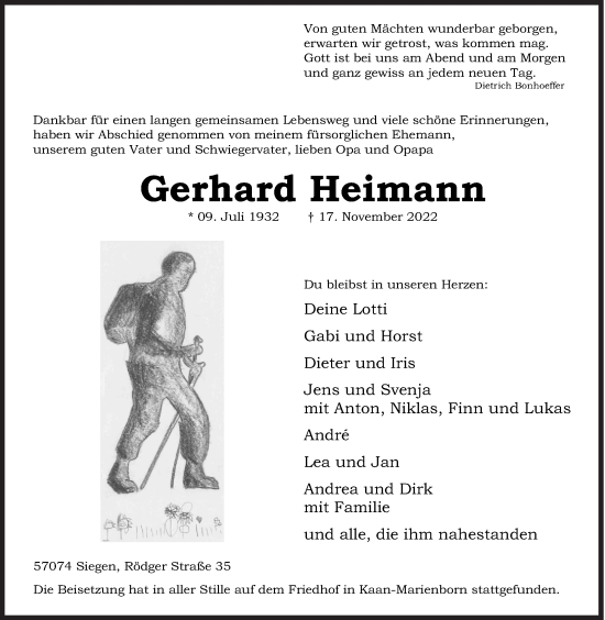 Traueranzeige von Gerhard Heimann von Siegener Zeitung