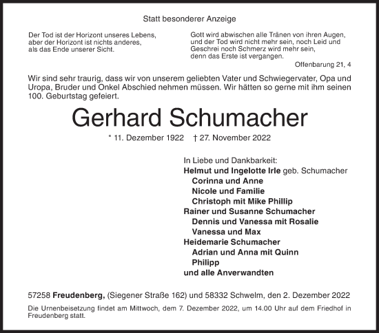 Traueranzeige von Gerhard Schumacher von Siegener Zeitung