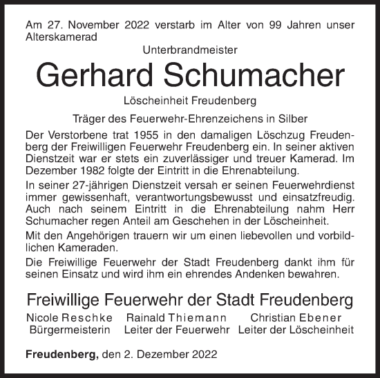Traueranzeige von Gerhard Schumacher von Siegener Zeitung