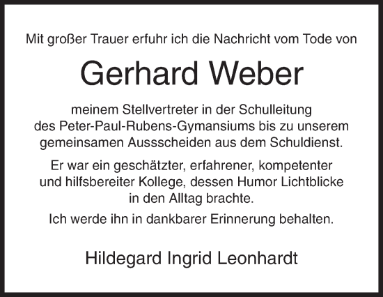 Traueranzeige von Gerhard Weber von Siegener Zeitung